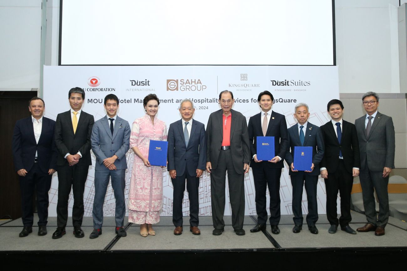 The signing ceremony was attended by executives from Dusit International, Saha Group, and Tokyu Corporation. Pictured (from left): - Mr Gilles Cretallaz, COO, Dusit International /- Mr Shinji Suyama, MD of Tokyu Development (Thailand) Co., Ltd. / - Mr Siradej Donavanik, VP Development Global, Dusit International / - Ms Suphajee Suthumpun, Group CEO, Dusit International / - Mr Chanin Donavanik, Vice Chairman and Chairman of Executive Committee, Dusit International / - Mr Boonsithi Chokwatana - Chairman of Saha Group / - Mr Vichai Kulsomphob - CEO & Chairman of the Executive Board, Saha Pathana Inter-Holding Public Co., Ltd. / - Mr Hirohisa Fujiwara, Director and Senior Managing Executive Officer of Tokyu Corporation / - Mr Jakkrit Santirattanakul, MD of King Square Development Co., Ltd. / - Mr Supakit Tiyawatchalapong, MD of Dusit Well-Being Hospitality, Dusit International