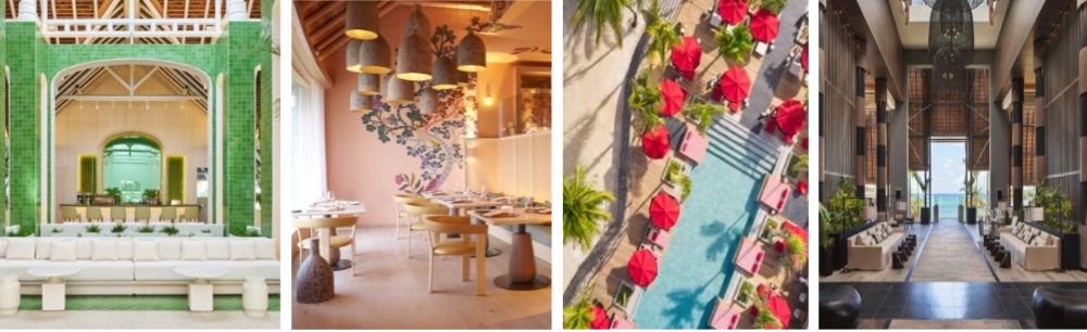 De gauche  droite : Le lobby contemporain de LUX* Belle Mare, le restaurant artistique Amari du premier chef indien toil au Michelin, Vineet Bhatia ; Beach Rouge, le restaurant de plage signature, et le lobby lgant  LUX* Grand Baie