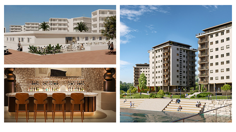 Renderings: Top left - Hotel Indigo Gandia  Beach, Bottom left - Vignette Collection Mallorca  Finca Banyols, Right - Holiday Inn Express San Sebastian - Errenteria 