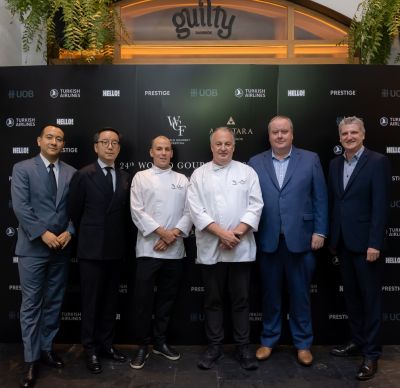 Two-Michelin-starred chef Eric Raty (third from left) and three-Michelin-starred chef Stefan Stiller (fourth from left) at the press conference of World Gourmet Festival 2024 at Anantara Siam Bangkok Hotel on Aug 01, 2024.