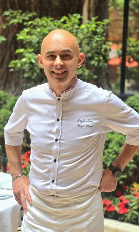 Angelo Musa, Chef Ptissier, in the Cour Jardin at the Plaza Athne, Paris