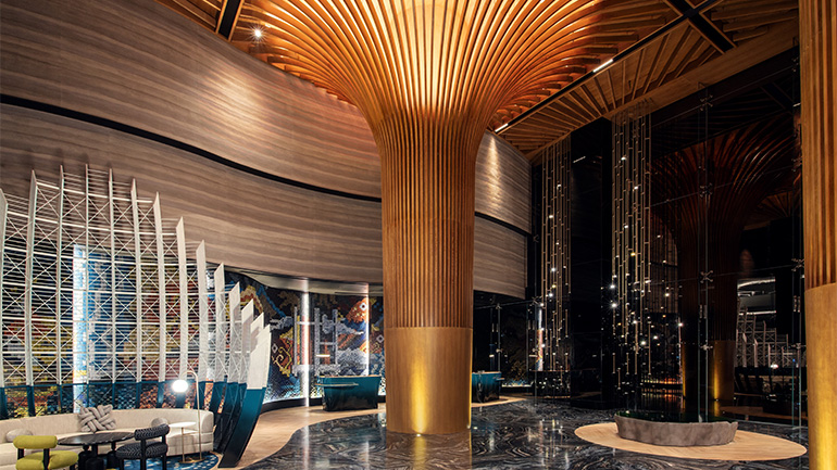 Intricate craftmanship and modern design showcased in the hotel lobby.