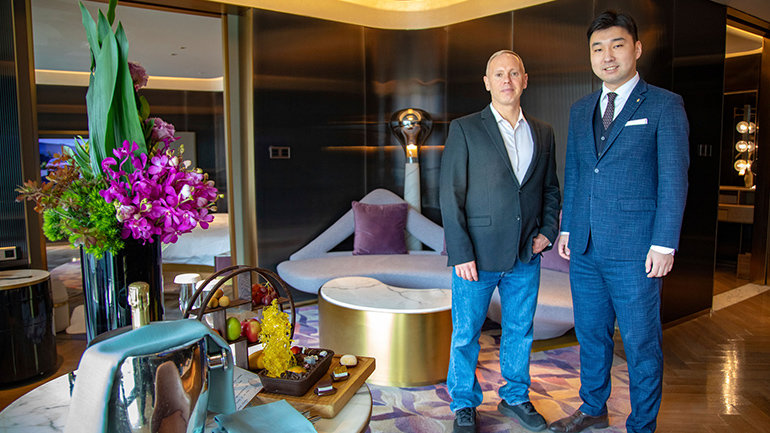 Presenter, Rob Rinder with Mike Zhuang, Front Office Director at InterContinental Shanghai Wonderland 