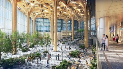 Artist's impression: Geneo's centerpiece is a naturally ventilated event plaza, featuring lush greenery and Singapores tallest mass engineered timber canopy structure at 27 metres in height. 